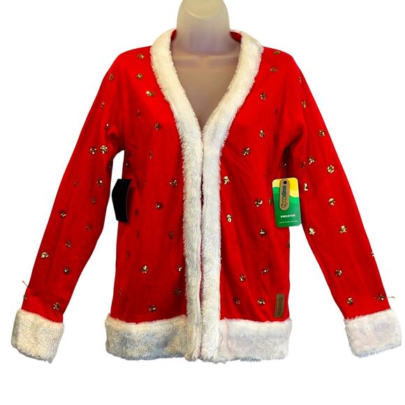 Tipsy Elves Mrs Claus Fur and Sequin Trim Ugly Christmas Cardigan Sweater Size M - Picture 1 of 6